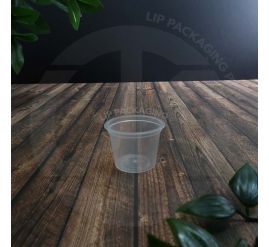 Transparent, disposable, round 25ml plastic container base (MS P100) used for sauces and dips.