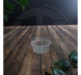 Clear, round, microwave-safe 24ml plastic condiment cup (MS 075B) for food packaging.