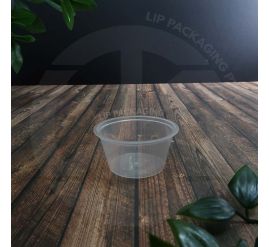 Transparent, disposable, round 50ml plastic container base (MS TP200) for sauces and dips.