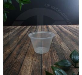Transparent, disposable, round 70ml plastic container base (MS TP250) for larger sauce portions.