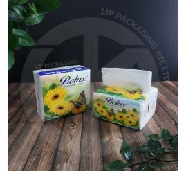 A case of Belux 2-ply white pop-up tissue packs, showing the dispenser box for quick, hygienic use in Singapore offices or cafes.