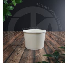 Stack of plain white 260ml paper bowls, highlighting the liquid proof and microwave safe food grade material.