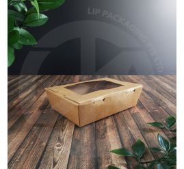 Kraft brown LRT 950W paper box with transparent window on the lid, ideal for displaying pastries or meals.
