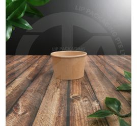Stack of empty 2.5oz brown paper bowls, highlighting the food-grade greaseproof and liquid proof material.