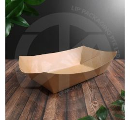 Largest 32oz brown Kraft paper tray BT32, extra deep boat container for buffet and catering food servings.