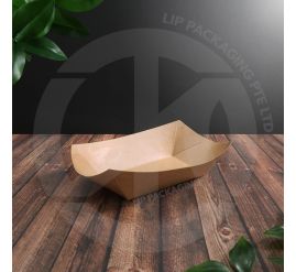 Large 13oz brown Kraft paper tray BT13, greaseproof boat container for serving full takeaway meals and large sides.