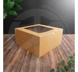 Brown Kraft 10x10x5" square paper box with a clear window for displaying whole cakes.