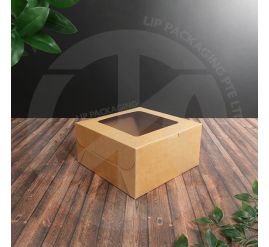 Brown square paper box 7x7x3.5" with a display window, ideal for cake slices or pastries.