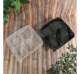 Microwave-safe, four-compartment PP4C bento box in black/translucent plastic for complete meal segregation in food delivery and takeaway.