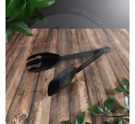 Hygienic black plastic serving tongs, 9.5", ideal for buffets and catering. Separates into individual fork and spoon components.