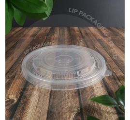 Heavy-duty translucent plastic flat lid (8511H, 140mm diameter) for sealing hot soup and noodle paper bowls.