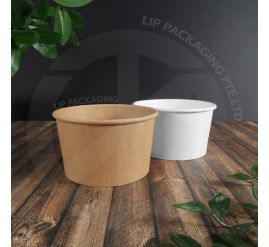 Stack of 390ml, liquid-proof paper bowls in both White and Kraft Brown for hot food takeaway.
