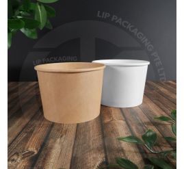 Stack of 520ml, microwave-safe paper bowls in two colors (White and Kraft Brown) for main dish takeaway.