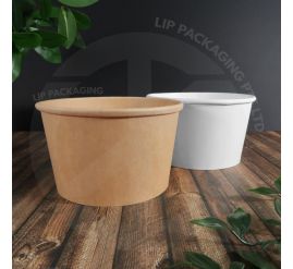 Stack of 850ml, large paper bowls in both White and Kraft Brown, designed for heavy-duty food delivery and microwaving.