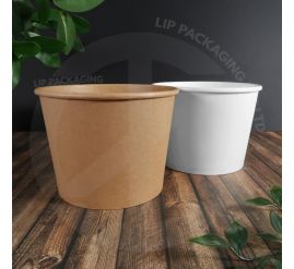 Stack of tall 1000ml White and Kraft Brown paper bowls for deep noodle and soup takeaway.