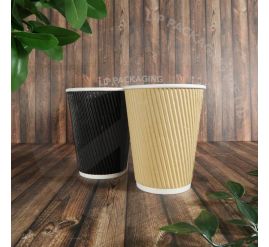 Group of brown and black 12oz ripple wall paper cups, showcasing the textured exterior for better grip and heat protection.