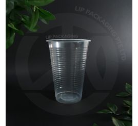 Stack of clear 16oz TF plastic cups, designed for disposable, high-volume cold beverage packaging.