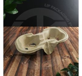 Molded grey paper pulp 2-cup drink carrier for coffee or cold beverages, designed for safe transport.