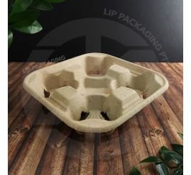 Molded grey paper pulp 4-cup drink carrier for safely transporting four takeaway cups of coffee or cold beverages.