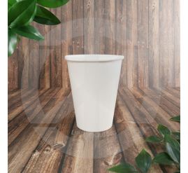 Single white 12oz single wall paper cup ready for hot or cold beverage service.