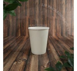 Single 8oz white single wall disposable paper cup for serving hot coffee.