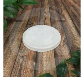 A translucent PS90 flat lid seated securely atop a large 22oz white paper cold cup, featuring a centered straw hole.