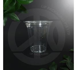 Stack of crystal-clear 14oz PET plastic cups (98mm rim) with a glossy finish, ready for bulk commercial use.