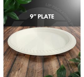 Stack of natural-colored, round 9-inch Biocorn dinner plates made from corn starch for sustainable single-use.