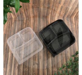 Microwave-safe, three-compartment PP3C bento box in black/translucent plastic, ideal for Singapore food delivery.