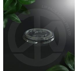 Stack of clear, flat plastic lids (75mm diameter) for 2.5oz and 3oz paper sauce cups.