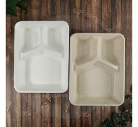 A compostable Sugarcane Container SRT 3C with three separate compartments for takeaway meals.