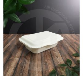A hinged, white eco-friendly Sugarcane Pulp Bio Lunchbox (7x5 inches) for food takeaway and catering in Singapore.