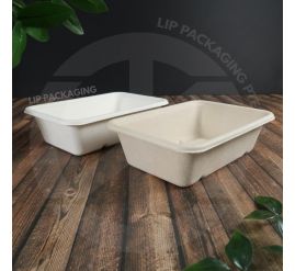 Stack of white and natural-colored Sugarcane Container SRT 600, a deep, rectangular bagasse takeaway food box.