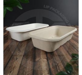 Stack of natural and white Sugarcane Pulp Container SRT 1000, a deep, rectangular bagasse takeaway food box.
