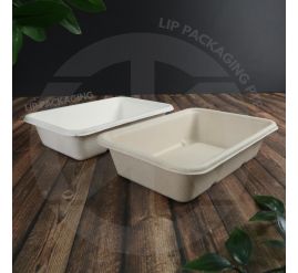 Stack of natural white Sugarcane Pulp Container SRT 500, a rectangular, biodegradable food takeaway box.