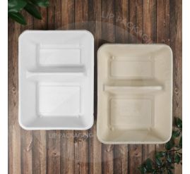 Rectangular, two-compartment sugarcane bagasse container SRT 2C for main dish and side.