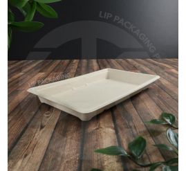 Large rectangular sugarcane fiber trays stacked in natural color, perfect for main meals and catering.