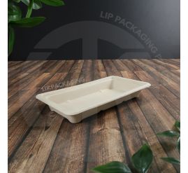 Stack of small sugarcane pulp trays (167x91mm) in natural color, suitable for food portions.