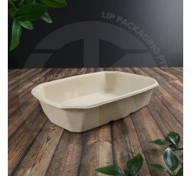 Stack of natural sugarcane pulp SOT 950 containers, a large, deep eco-friendly bagasse takeaway box.