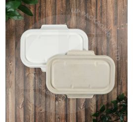 Stack of biodegradable sugarcane pulp lids CSRT-44 for rectangular food boxes.