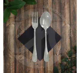 Stack of sleek black paper cocktail napkins, folded to 12cm, for premium event and bar use in Singapore.