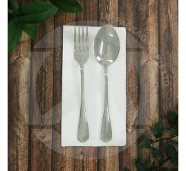 A tidy stack of large white 2-ply dinner napkins with an 1/8 fold, suitable for upscale restaurant and formal catering table settings.