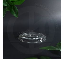 Transparent plastic Flat Lid F78 (78mm diameter) on a stack, designed for use with PET 8oz disposable cups.