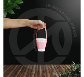 A stack of red and white T-shaped plastic cup carriers, specifically designed for 8oz takeaway beverage cups.