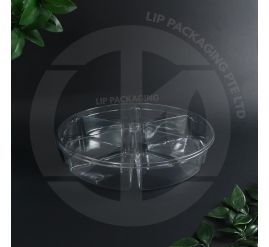 Clear PET plastic 6-compartment catering platter container (251mm diameter) for appetizers or festive food display.