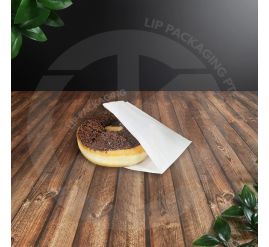 White L-shaped paper bag for packaging a long baguette or large French loaf in a bakery setting.